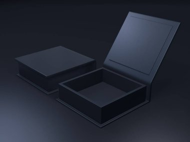 Karanlık bir arka planda siyah, boş bir karton kutu. Şablonu düzenle