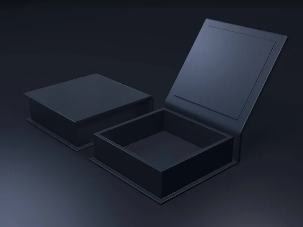 Schwarzer leerer Karton auf dunklem Hintergrund. Vorlage gefälscht — Stockfoto