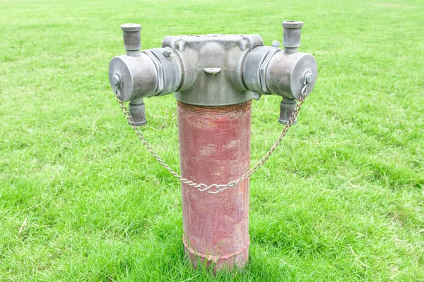 Hydrant przeciwpożarowy na zielonym trawniku, hydrant ogień siedzi w trawie — Zdjęcie stockowe