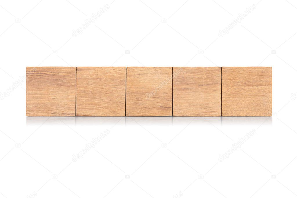 Wood cube Isolate on white background, Brown cubic wood, Row of five cube wooden with Clipping path.