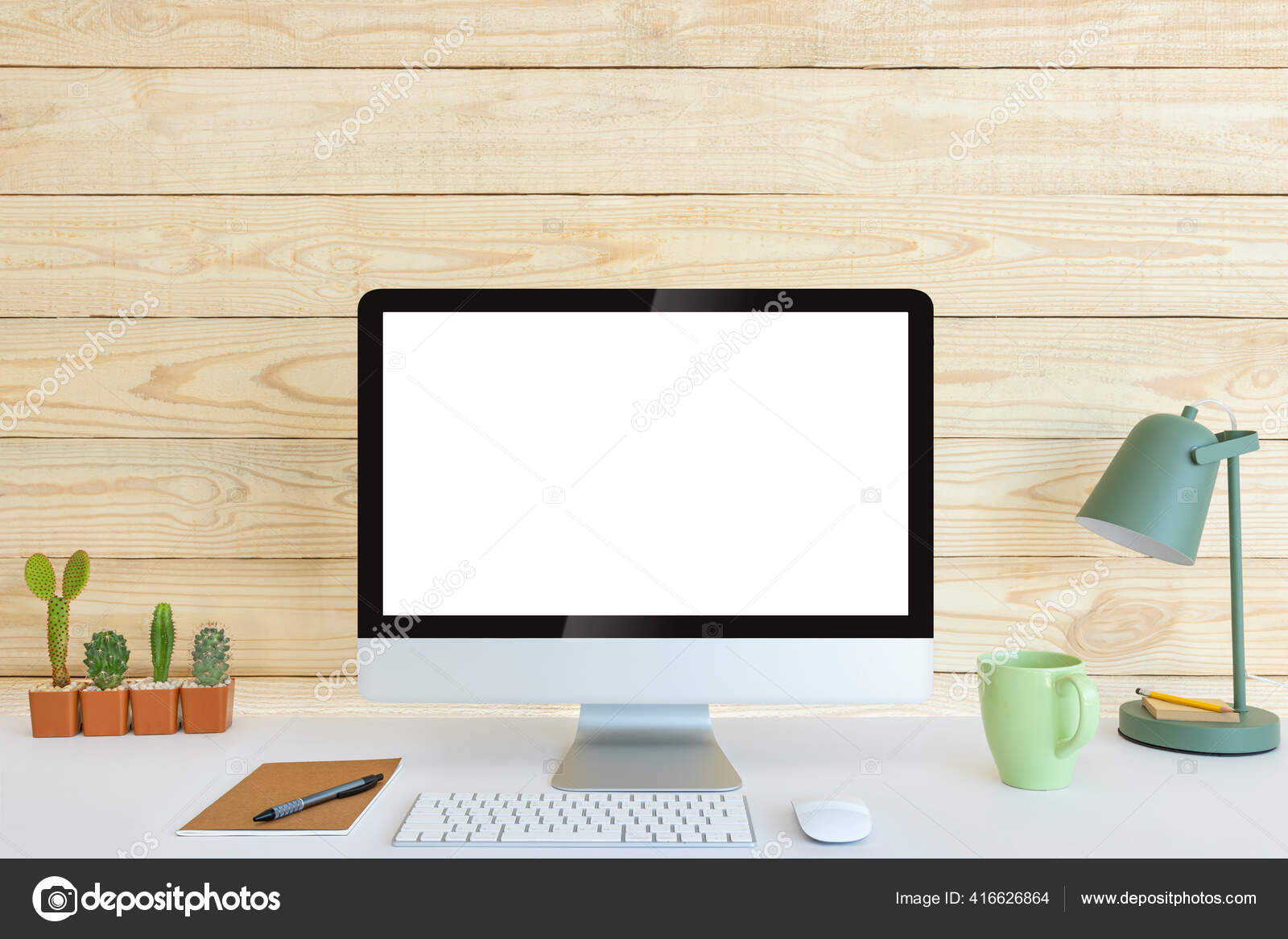 Computer Blank White Copy Space Text Wood Background Mockup Design ...
