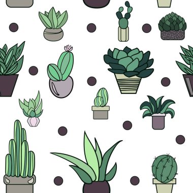 Succulents tencere. Vektör Dikişsiz desenler.