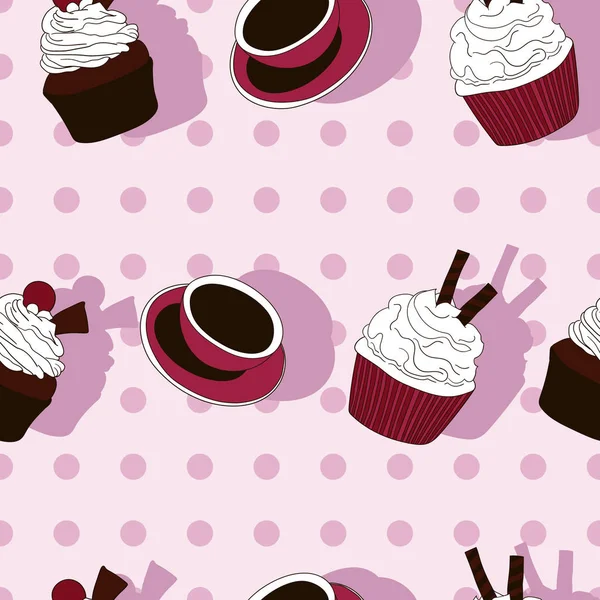 Cupcakes Coffee Cup Seamless Pattern Pink Background Dots Vector — Stock Vector