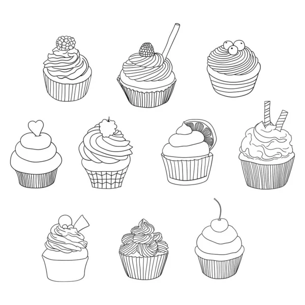 Cupcake Muffin Kontur Set Vektor Illustration Isolerad Vit — Stock vektor