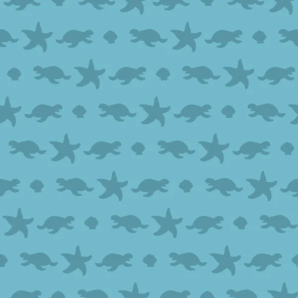 Turtles Starfish Seashell Silhouette Seamless Pattern — Stock Vector