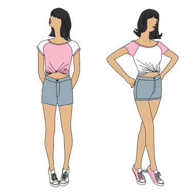 Şort ve t-shirt vektör düz illüstrasyon kadın mankenleri.  