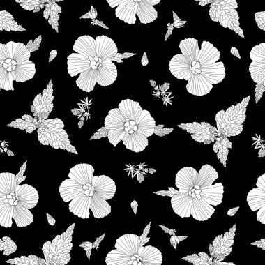 Siyah arka plan kiremit vektör dikişsiz desen üzerinde beyaz çiçekler