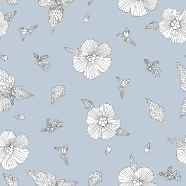 Pastel mavi arka plan vektörü üzerinde beyaz çiçekler dikişsiz desen