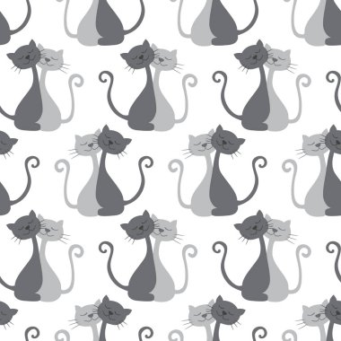 Karikatür gri vektör izole dikişsiz desen kedi çiftler