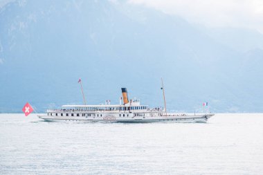 The oldest Belle Epoque steam paddle boat Montreux cruising on L
