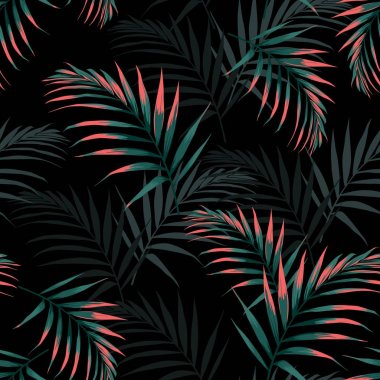 Vektör dikişsiz tropikal desen, canlı tropik yeşillik, palmiye yaprakları ile. Modern parlak yaz baskı tasarımı. 