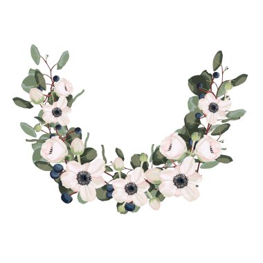 Suluboya tarzında anemon, okaliptüs ve çilek çiçek elementi ile tebrik kartı, düğün, doğum günü ve diğer tatil ve yaz arka plan için davetiye kartı olarak kullanılabilir. Altın çerçeve. 