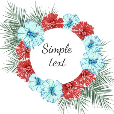 Tropikal bitkiler, palmiye yaprakları ve mavi ebegümeci çiçekleri ile Yaz Hawaii el ilanı tasarımı. Metin yer tutucusu ile daire öğesi. Beyaz arka plan üzerinde tasarım öğesi. Metin için yer. Vektör çizimi 