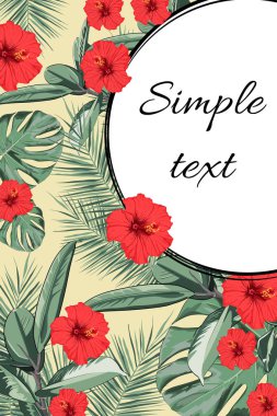 Yeşil tropikal bitkiler, ebegümeci çiçekler, ficus ve palmiye ile Yaz Hawaii el ilanı tasarımı. Metin yer tutuculu öğe. Sarı arka plan üzerinde tasarım öğesi. Metin için yer. Vektör çizimi. 