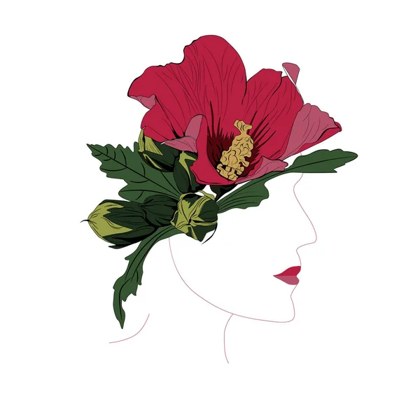 Perfil Abstracto Mujer Con Flores Hibisco Rojo Ilustración Vectorial Una — Vector de stock