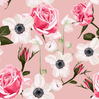 Dikişsiz desen vektör çiçek suluboya tarzı tasarım: bahçe tozu beyaz pembe Anemone çiçek ve gül. Rustik romantik arka plan baskısı. Düğün davetiyesi, tebrik kartı için iyi. 