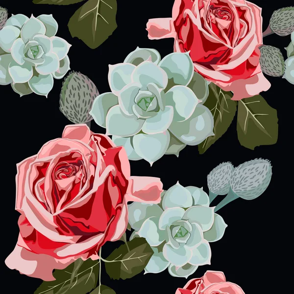 Akvarell Succulents Vörös Rózsa Varrat Nélküli Mintázat Vintage Háttérkép Csipkebogyó — Stock Vector