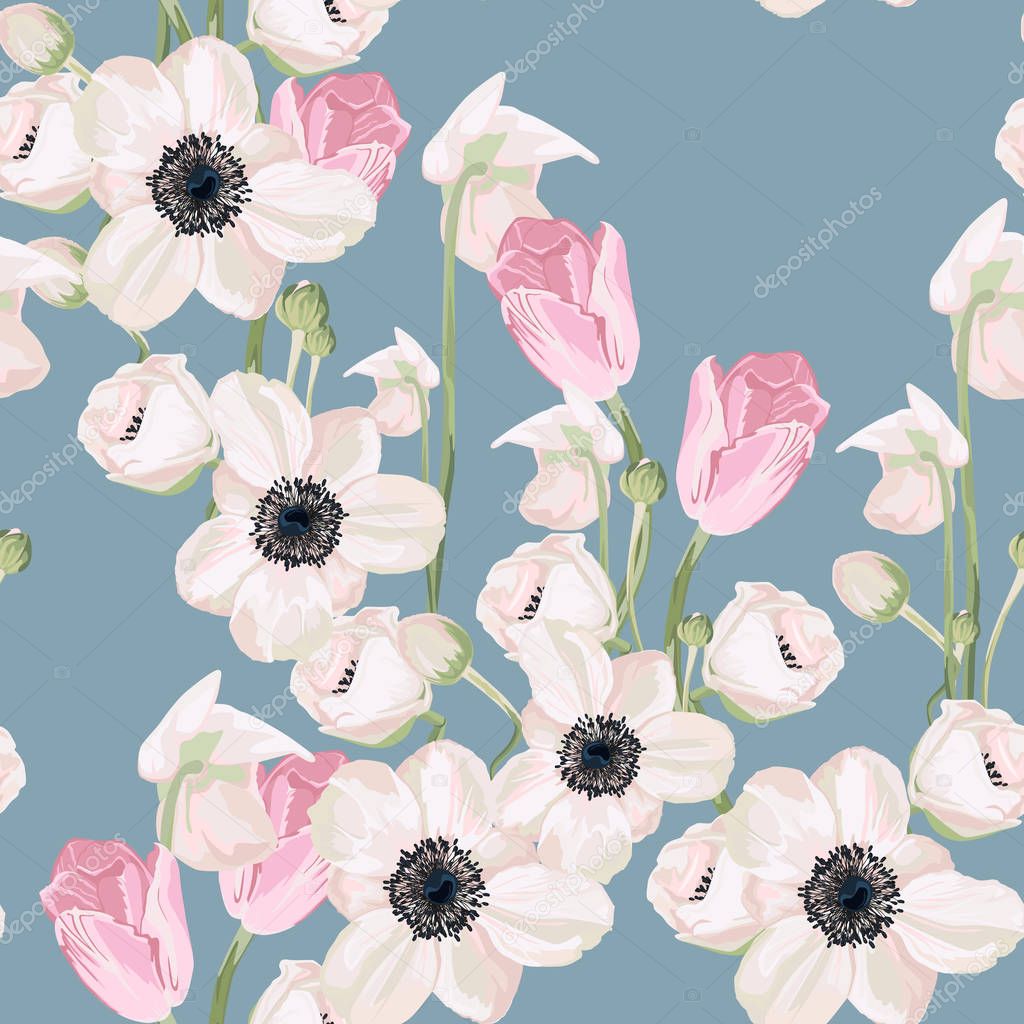 Seamless pattern vector floral watercolor style design: garden powder white pink Anemone flower and pink tulip. Rustic romantic background print. Good for wedding invitation, greeting card.