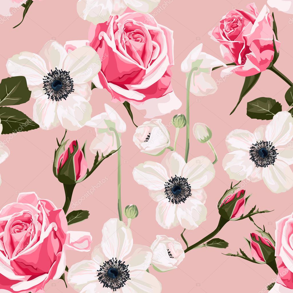 Seamless pattern vector floral watercolor style design: garden powder white pink Anemone flower and roses. Rustic romantic background print. Good for wedding invitation, greeting card. 