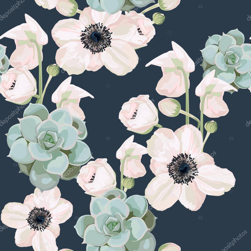 Seamless pattern vector floral watercolor style design: garden powder white pink Anemone flower and succulent. Rustic romantic dark background print. Good for wedding invitation, greeting card. 