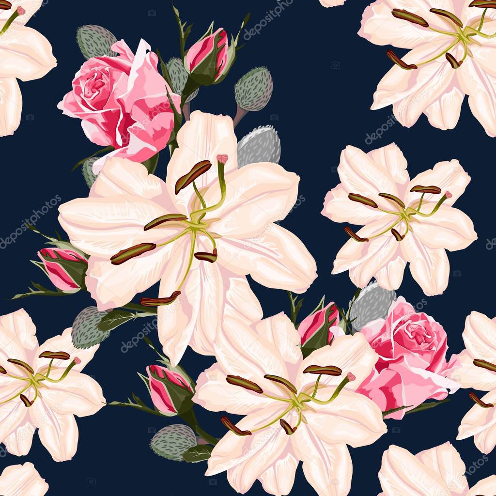 Vector seamless floral pattern with retro flowers. Wallpaper with lily and roses on darck background, vector illustration. Vintage lilies and roses. 