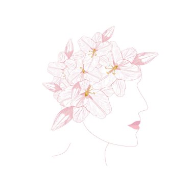 Çiçeklerle soyut kadın profili. Bir fantezi saç modeli ile güzel bir kadının Vektör illüstrasyon. 