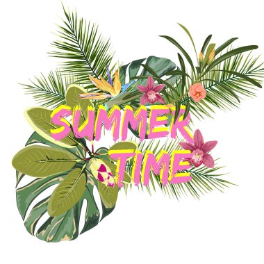 Pembe arka plan üzerinde yaz saati vektör afiş tasarımı. Tropikal bitkiler, eğlenceli, parti, arka plan, vektör, resim, sanat, görüntü, tasarım, seyahat, poster, olay ile Duvar Kağıdı.