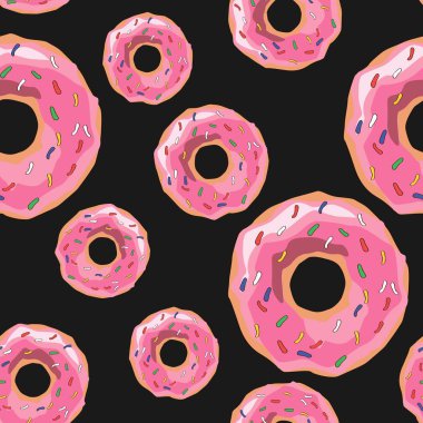 Renkli sır ve sprinkles donuts ile Vektör dikişsiz desen. Siyah zemin üzerinde arka plan taze ve nefis donuts illüstrasyon. 