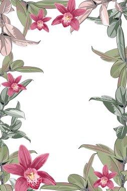 Tropikal orman orkide çiçekleri ve ışık arka plan üzerinde egzotik ficus ağacı. Düğün evlilik olay altın çerçeve davetiye. Vintage tarzı. 