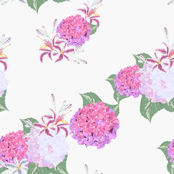 Motif Floral Sans Couture Avec Fleur Lis Colorés Hortensia Sur — Image vectorielle