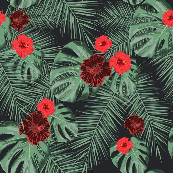 Bezešvý Tropický Vektor Květy Ibišků Exotickými Palmami Tmavém Pozadí — Stockový vektor