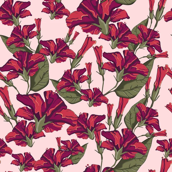 Κόκκινα Λουλούδια Ιβίσκου Ανοιχτό Ροζ Φόντο Φύλλα Απρόσκοπτη Διανυσματικό Μοτίβο — Διανυσματικό Αρχείο