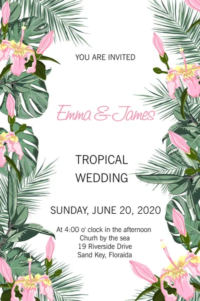Bröllop Händelse Inbjudningskort Mall Exotiska Tropiska Djungeln Regnskog Ljust Grön — Stock vektor