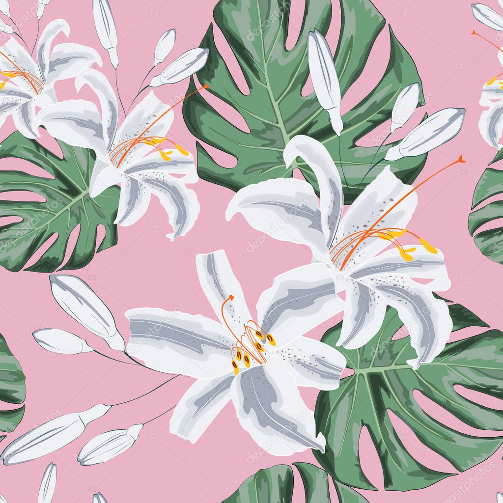 Seamless floral pattern of exotic tropical lilies and monster lives. Isolated on light pink background. Fabric texture. Wallpaper.