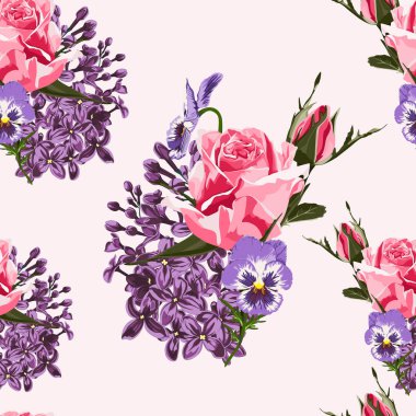 Pembe ve mavi anemon, ortanca, lale ve okaliptüs ile dikişsiz çiçek deseni. 