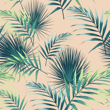 Tropikal yaprakları ile dikişsiz desen. Koyu ve parlak yeşil palmiye açık arka plan üzerinde bırakır. Vektör dikişsiz desen. Tropikal illüstrasyon. Orman yaprakları. Vintage renkler. 