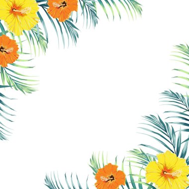 Yeşil orman palmiye ağacı yaprakları ve egzotik turuncu ve sarı ebegümeci çiçekler çift ile Tropikal tasarım sınır çerçeve şablonu. Metin yer tutucu. Vektör tasarım illüstrasyon. 