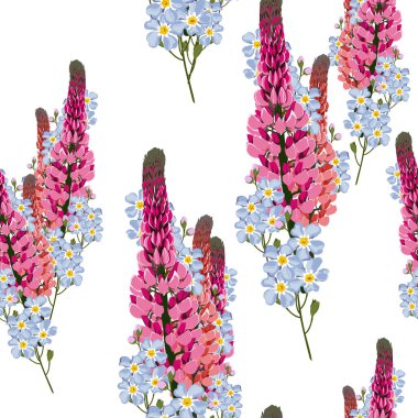 Yaz bahar vahşi lupines pembe, kırmızı çiçekler ve mavi unut-me-değil çiçekler. Beyaz arka plan. Dikişsiz çiçek deseni. Tekstil deseni. Çiçek tarlası. 