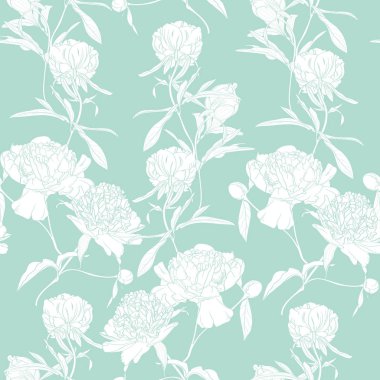 Vektör el beyaz şakayık çiçekler dikişsiz desen çizim illüstrasyon çizilmiş. Çiçek nane arka plan, kumaş için fon elemanı, tekstil tasarımı, düğün. 