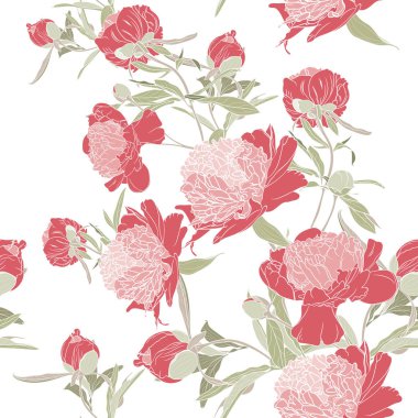 Şakayık çiçeklerile dikişsiz arka plan. Vektör illüstrasyon. Grafik el çizilmiş çiçek deseni. Tekstil kumaş tasarımı. 