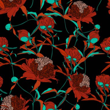 Vektör el kırmızı şakayık çiçekler ve yeşil yaprakları dikişsiz desen soyut illüstrasyon çizilmiş. Çiçek siyah arka plan, kumaş için fon elemanı, tekstil tasarımı. 