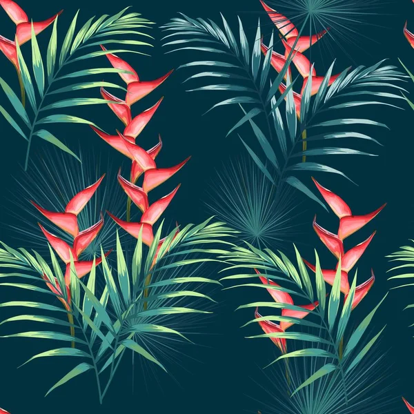 无缝的图案与热带叶子和天堂螺旋花 深蓝色背景上深绿色的棕榈叶 矢量无缝模式 热带插图 丛林树叶 — 图库矢量图片