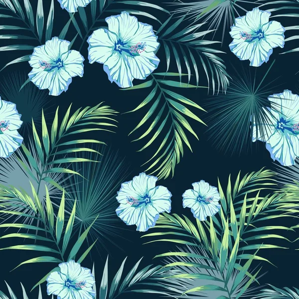 熱帯の葉と楽園の青いハイビスカスの花とシームレスなパターン 黒い背景に暗く 明るい緑のヤシの葉 ベクトルシームレスパターン トロピカルなイラスト ジャングルの葉 — ストックベクタ