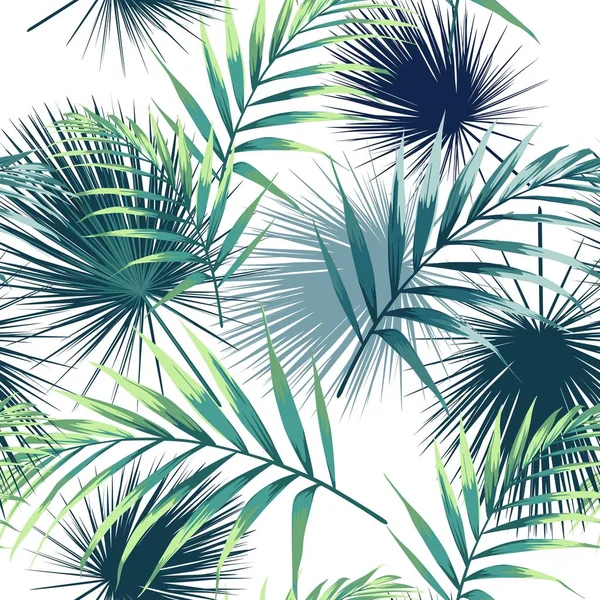 Naadloos Patroon Met Tropische Bladeren Donker Groene Palm Bladeren Witte — Stockvector