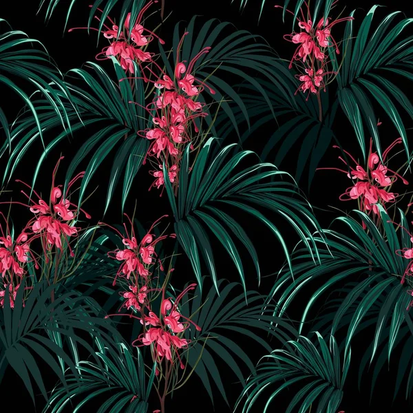 Tropischen Hintergrund Mit Dschungelpflanzen Nahtloses Tropisches Vektormuster Mit Dunklen Palmblättern — Stockvektor