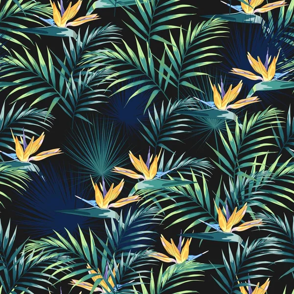 Seamless Pattern Tropical Leaves Paradise Strelitzia Flowers Dark Bright Green — Stock Vector