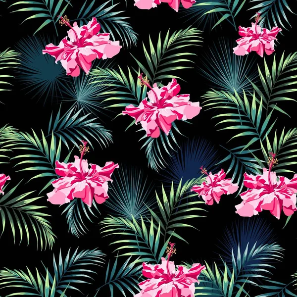 Seamless Pattern Tropical Leaves Paradise Pink Hibiscus Flowers Dark Bright — Stock Vector