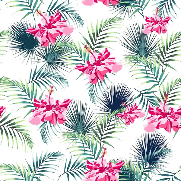 Patrón Sin Costuras Con Hojas Tropicales Flores Hibisco Rosa Paradisíaco — Vector de stock