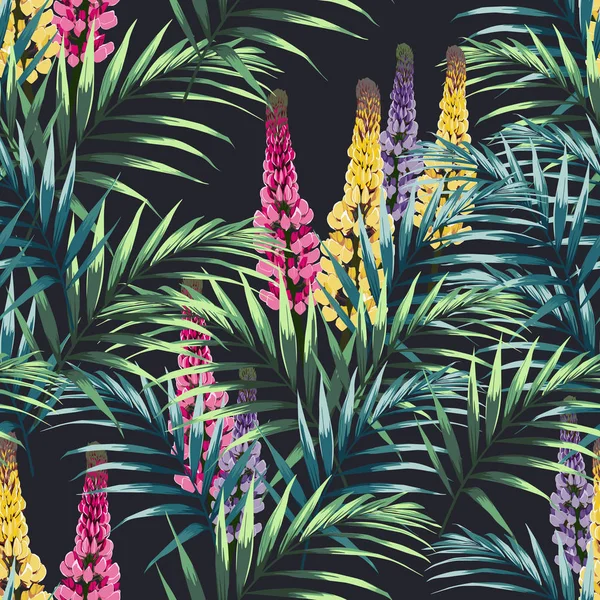 Varratmentes Trópusi Vektor Mintázat Paradicsom Virágokkal Egzotikus Pálmalevelek Sötét Háttéren — Stock Vector