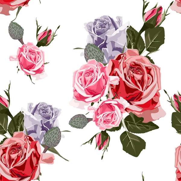 水彩风格玫瑰无缝图案 复古壁纸与玫瑰臀部设置在白色背景 用于设计 纺织品和背景的花卉纹理 — 图库矢量图片